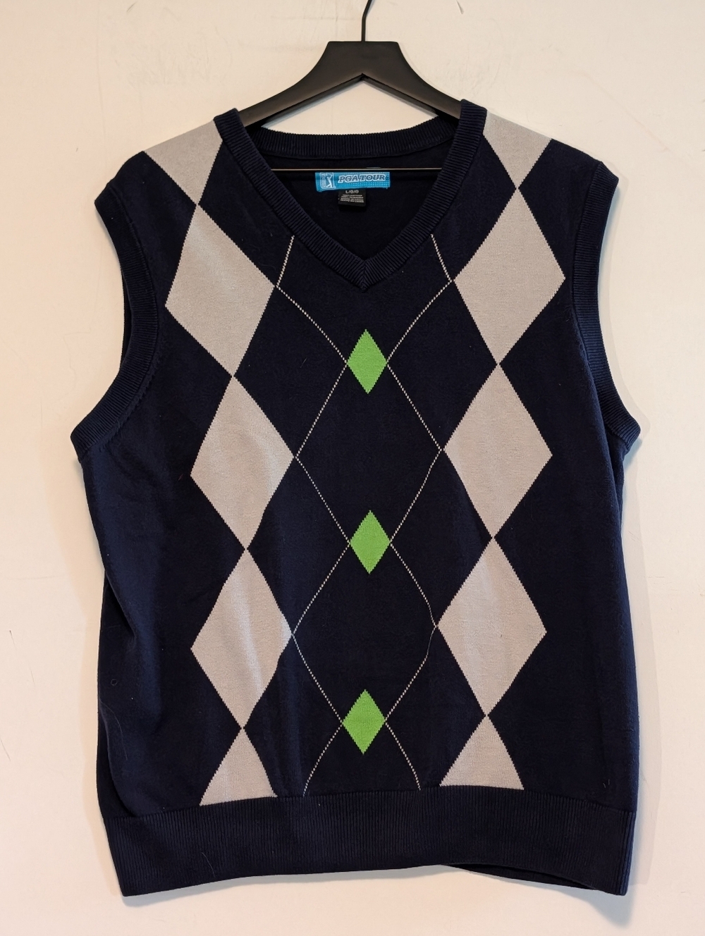 PGA Tour Mens Large Argyle Sweater Vest Navy Cotton Golf V Neck Preppy Pullover